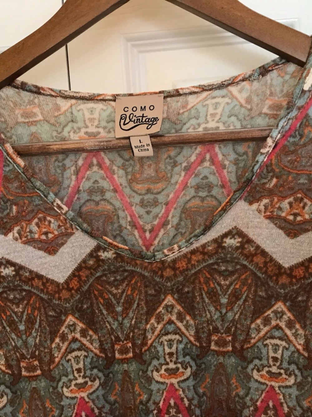 Como Vintage Multicolor Printed V-Neck Tunic with Teal, Brown & Pink Accents